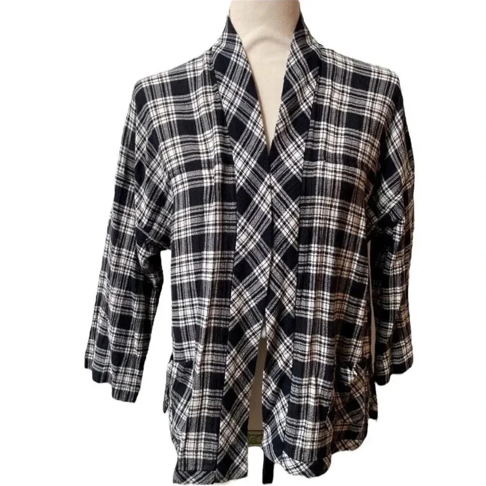 Madewell Rugby Plaid Cotton Kimono Jacket Black White Small